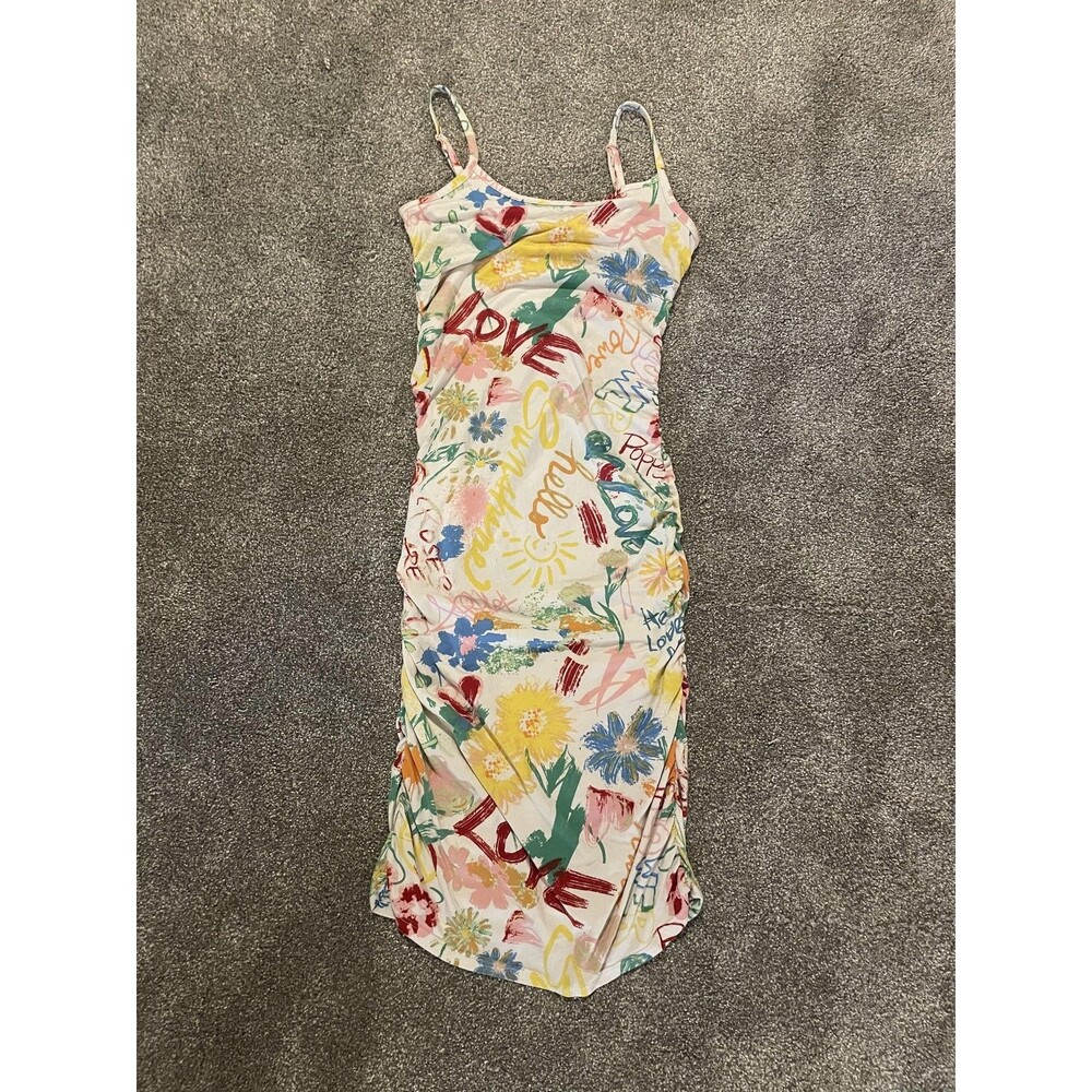 Jolie & Joy Dress Womens Medium Multicolor Floral Love Print Ruched Midi Bodycon